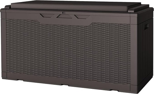 JUMMICO 100 Gallon Resin Deck Box with Cushion, Waterproof Outdoor Storage Box with Lockable Lid for Garden Tools, Patio Cushions (Brown) JUMMICO