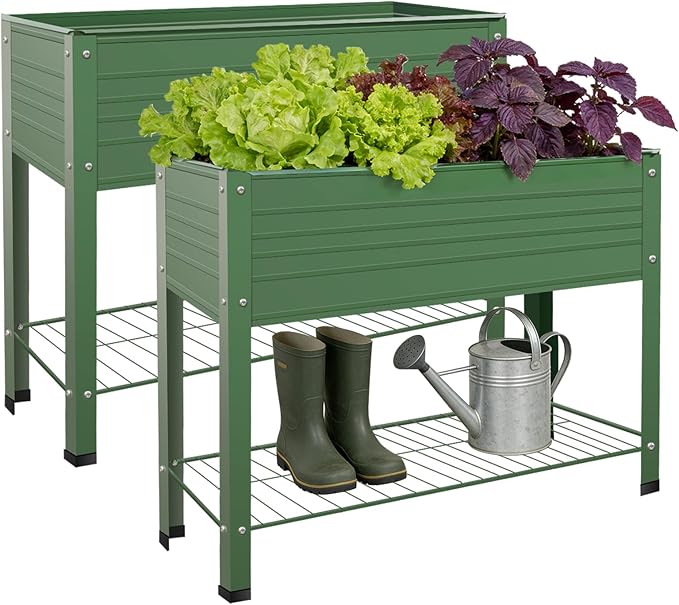 2-Pack Raised Garden Beds - Galvanized Steel Planter Boxes, 400 lb Capacity, 5 Drainage Holes & 2 Flow Channels, Elevated Garden Bed with Mesh Bottom for Outdoor Gardening Rootora
