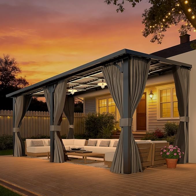 AECOJOY 16'x8' Outdoor Hardtop Metal Gazebo with Curtain and Netting for Patio, Large 8x16 Lean to Wall Mounted Pergolas and Grill Gazebos Clearance, Heavy Duty Galvanized Steel Roof Awnings for Decks AECOJOY