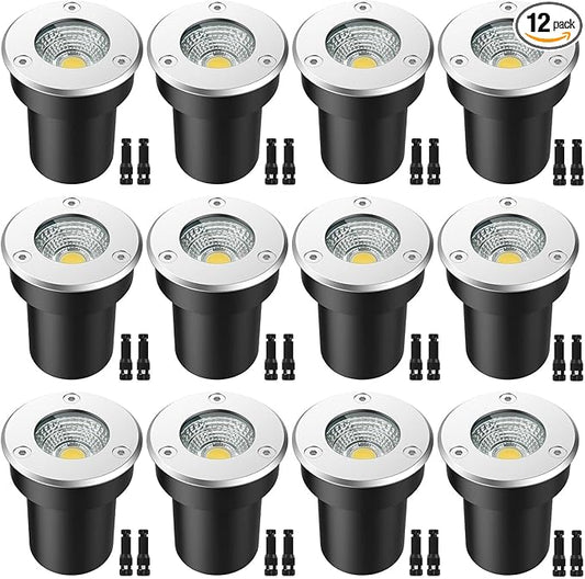 LED Landscape Lights, 12 Pack 7W Ground Lights With 24 Connectors, Low Voltage In-Ground Well Pathway Lighting, Daylight White, Waterproof for Driveway, Deck, Garden Rootora