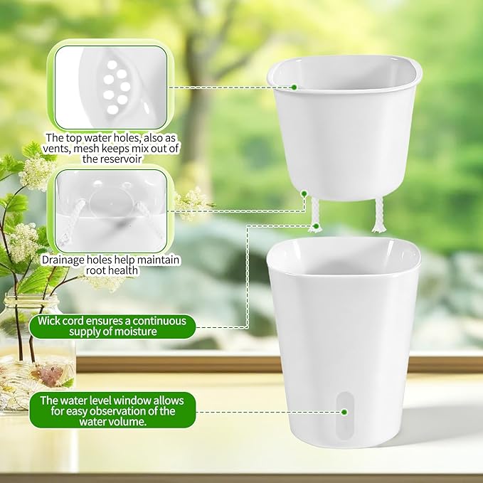 10 Sets 4" Self Watering Pots for Indoor Plants, Plastic Self Watering Planter Pots with Visual Water Level Clear Inner Cup and Multiple Vents for House Plants, Flowers, African Violets Rootora