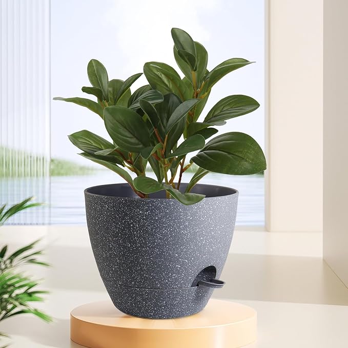 12 inch Large Self Watering Pots, Planter, Plant Pots with Mesh Drainage Holes for Indoor Outdoor House Plants and Garden, Plastic Flower Pots with Deep Reservoir, Speckled Grey WSMKSZ