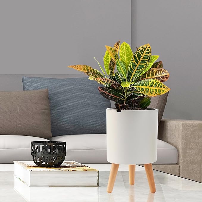 7.8 Inch Planter Pot with Solid Wood Legs, Self Watering Planter Pots with Water Shortage Alarm Planter Pot for Indoor Outdoor Modern Flower Planter for Home & Garden(White) Oliz