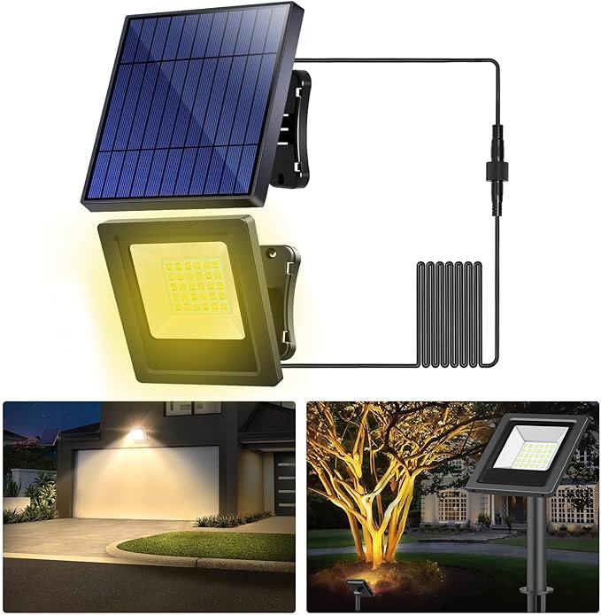 Solar Lights Outdoor Solar Flood Dusk to Dawn Lights 4400mAh 3000K Warm White Auto On/Off with 16.4Ft Cable IP65 Waterproof for Outside Front Door Barn Garden Garage Yard Patio Pool Lightonight