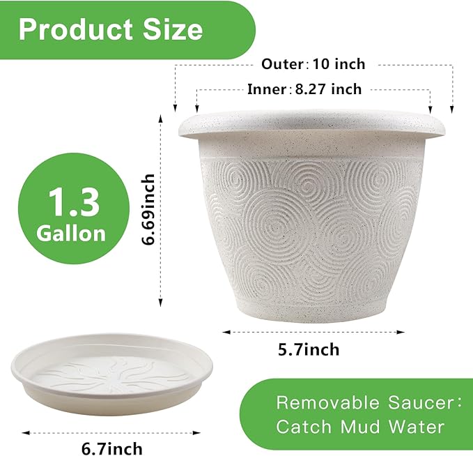 Plastic Flower Pots Planters For Indoor Plants, 3 Pack 10 Inch White Plant Pots With Drainage Hole & Tray, Modern Decorative Large Plant Pot With Saucer For Indoor Outdoor Plants Garden House Planter Fodetyff