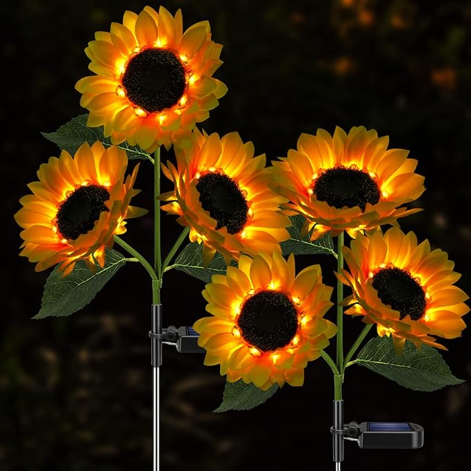 Solar Sunflower Lights, 800mA Solar Garden Light with Real Looking Flowers Outdoor Waterproof Solar Stake Lights for Back Yard, Flower Bed, Pathway, Patio, Porch, Spring Decoration (2 Pack) Meagoo