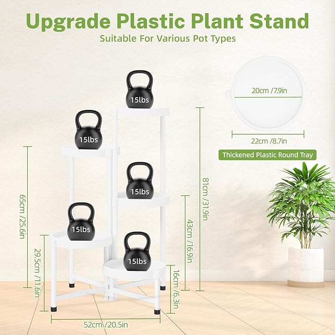 iDavosic.ly 5 Tier Folding Plant Stand Indoor Outdoor with Plastic Tray, Tiered Corner Flower Holder Shelf, Metal Orchid Display Rack for Patio Porch Living Room Garden Balcony, White iDavosicly
