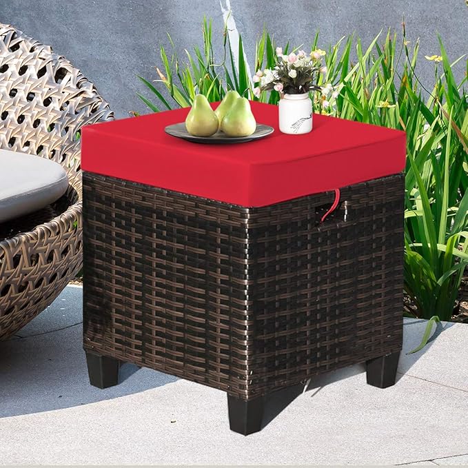 Tangkula 2 Pieces Outdoor Patio Ottoman, All Weather Rattan Wicker Ottoman Seat, Patio Rattan Furniture, Outdoor Footstool Footrest Seat w/Removable Cushions TANGKULA