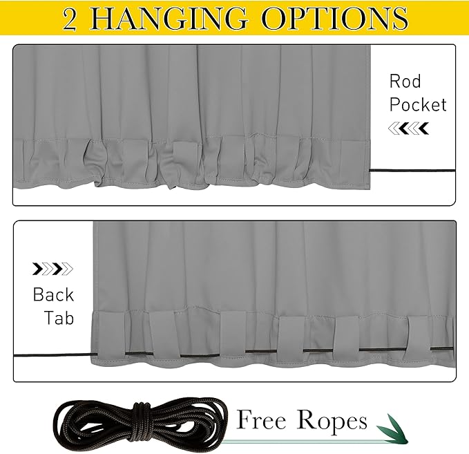NICETOWN 2 Panels Outdoor Curtains for Patio Waterproof & Windproof, Thermal Insulated Top & Bottom Grommet & Back Tab Sun Blocking Outdoor Drapes with Fixed Rope for Gazebo, Silver Grey, W66 x L90 NICETOWN