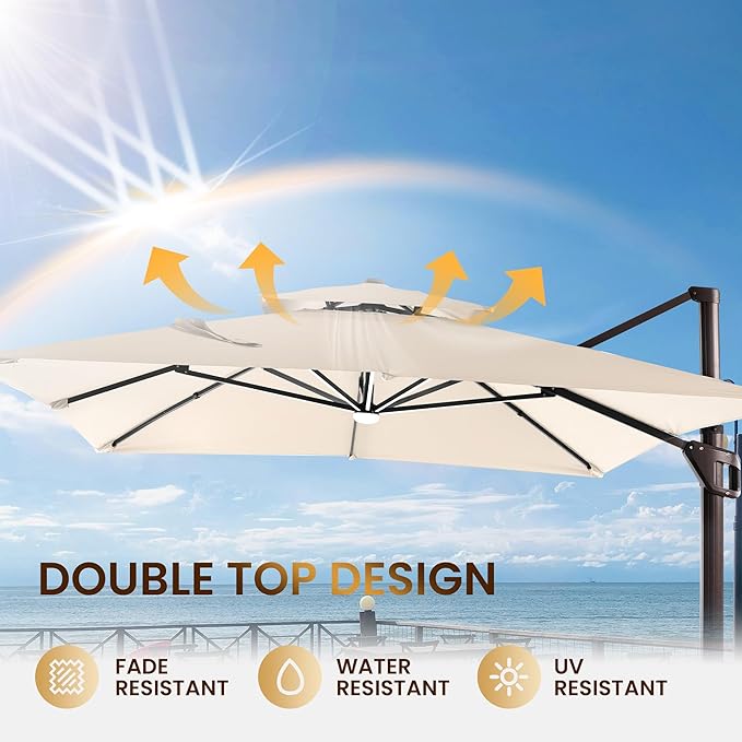 10 X 13 FT Cantilever Patio Umbrella with LED Lights Outdoor Heavy Duty Double Top Windproof Rectangle Offset Umbrellas with 360-degree Rotation for Pool Deck Backyard, Beige Ombrellon