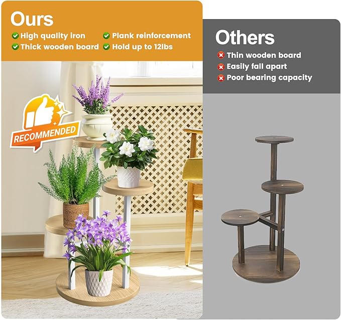 GEEBOBO 3 Tier Plant Stand Indoor, Metal Wood Plant Stands For Indoor Plants Multiple, Corner Tiered Flower Plants Shelf Stand for Living Room Bedroom, White GEEBOBO