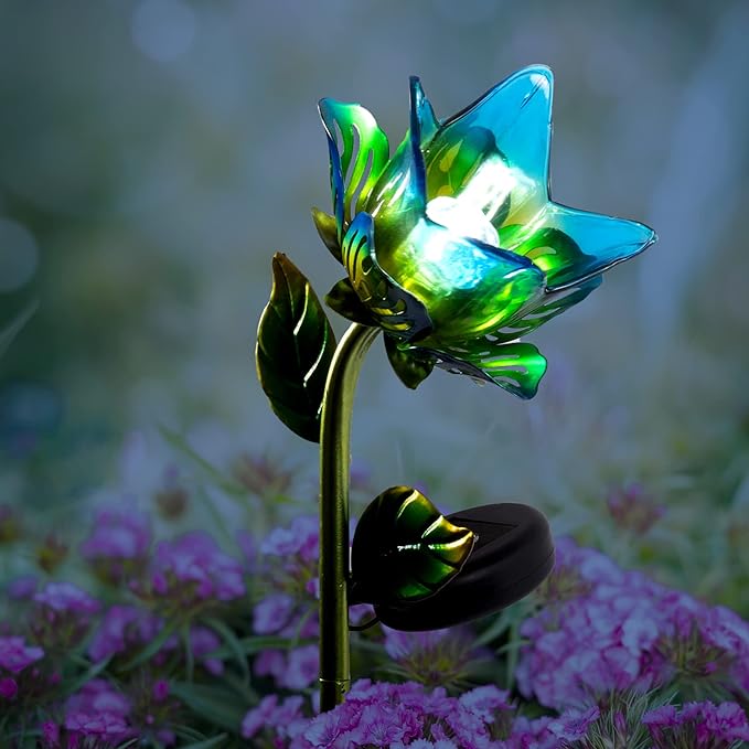Crosslight Glass Flower Solar LED Waterproof Outdoor Garden Stake - Decorative Electronic Light Garden Decor for Yard, Lawn, Patio, Deck, Pathway, Pond, Backyard (Blue) Crosslight