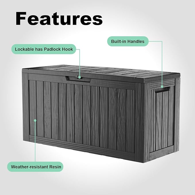 80 Gallon Outdoor Deck Box, Lockable Waterproof Outdoor Storage Boxes For Garden Tools,Indoor Cushions,Accessories Outside Storage Resin Weatherproof Container(Black) MAIUSCOLI
