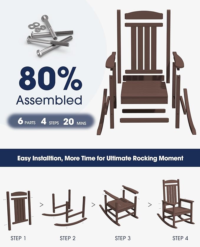 KINGYES HDPE Rocking Chairs Outdoor, Patio Rocking Chairs with 330lbs Support, Smooth Porch Rocker for Deck Lawn Yard, Coffee Brown KINGYES