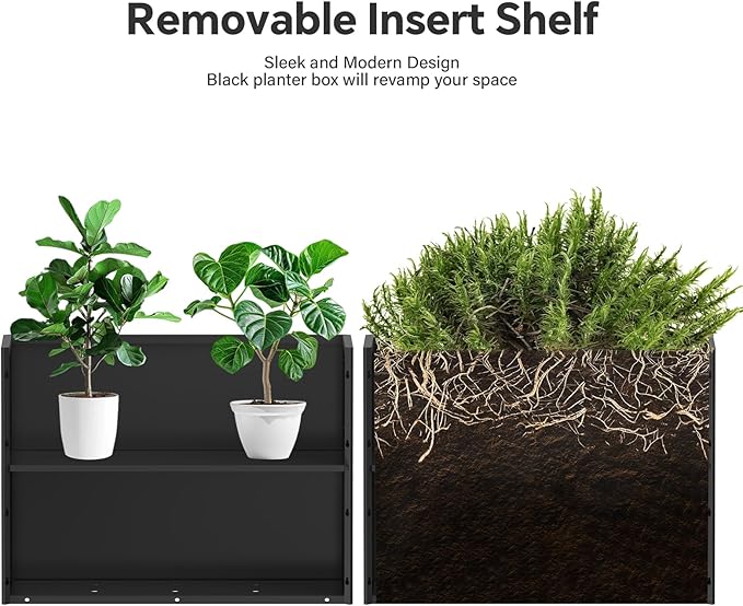 Heavy-Duty Galvanized Steel Planter with Removable Insert Shelf & 4 Drainage Holes - 32x12x24 Inches Large Size Planters for Outdoor/Indoor Patio, Black Ganeekiron
