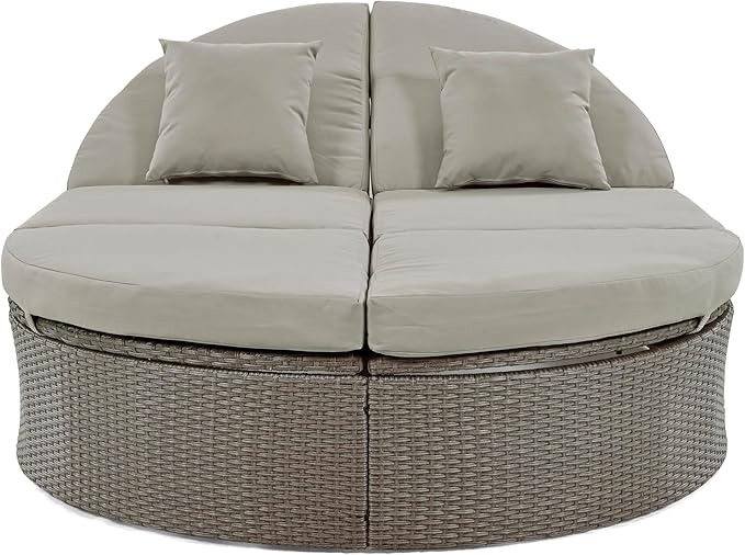 Merax Outdoor Sun Bed Patio 2-Person Daybed with Cushions and Pillows, Rattan Garden Reclining Chaise Lounge with Adjustable Backrests and Foldable Cup Trays for Lawn, Poolside, Grey Merax