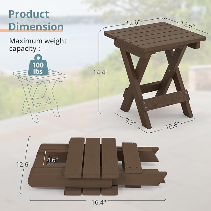 LUE BONA Small Outdoor Folding Side Table, HDPS Outside End Table for Patio, Porch, Deck, Pool, 14 Inch Height, Dark Brown LUEBONA