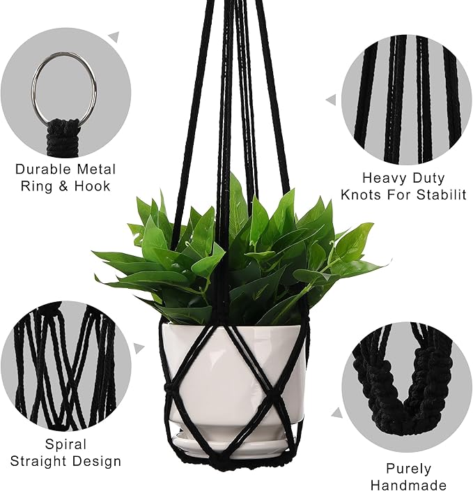 YIBOT Macrame Plant Hanger Indoor Set of 2 with 2 S Hooks, Indoor Outdoor Hanging Planter for Plants Holder with Decorative No Tassels, Boho Home Decor, 35 Inch, Black (Pots Not Included) YIBOT