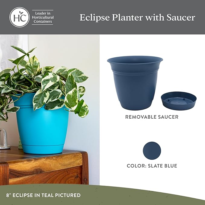 The HC Companies 12 Inch Eclipse Round Planter Pots with Drainage Holes & Attached Saucer, Lightweight UV-Resistant Plastic Indoor & Outdoor Planters, 2-Pack Flower Pots, Garden Home Decor, Slate Blue TheHCCompanies