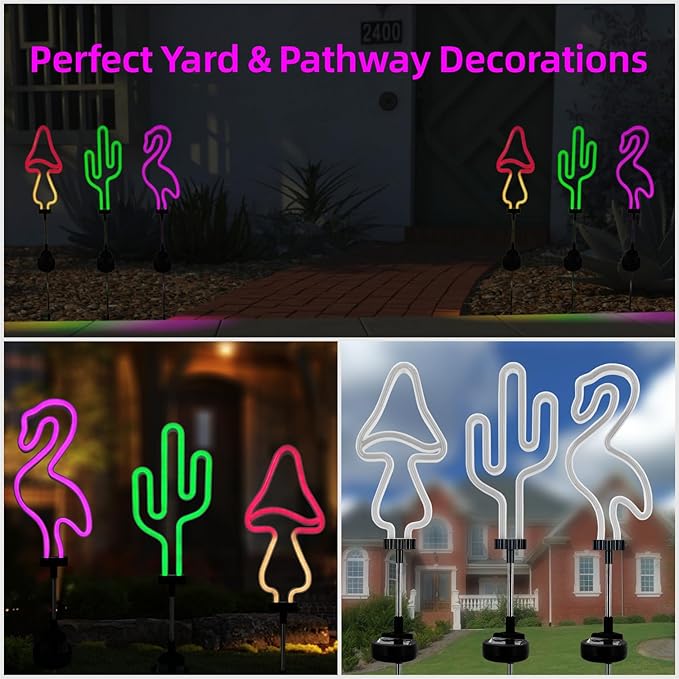 Flamingo Cactus and Mushroom Solar Garden Stake Lights Outdoor Waterproof Neon Lights Decoration,Outdoor Solar Pink Flamingos Lights for Outside,Yard,Pathways,Patio, Lawn or Landscaping Decor(3pcs) Rootora