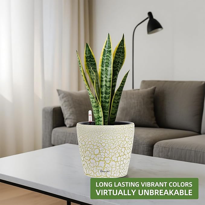 Dexceder 9x8 Inches Self Watering Planter Indoor Outdoor, Inner Pot Design, Thickened Table Flower Plant Pot with Water Level Indicator (White Gold Crackle) Dexceder