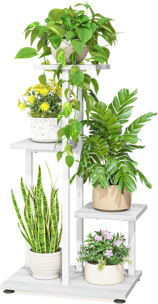 LASZOLA White 4 Tiered Wood Plant Stand Indoor for Large Heavy Duty Planter, Sturdy Multi Level Corner Vertical Flower Rack for Narrow House, Rustic Tall Orchid Shelving Holder for Decor, Space Saving LASZOLA
