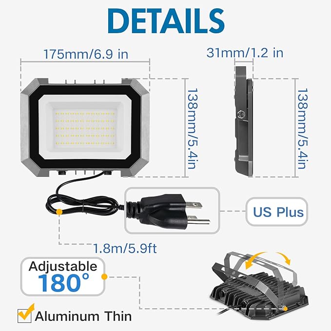 1 Pack LED Flood Lights Outdoor, 50W 5000LM Super Bright Floodlight Outside Work Light with 5.9FT Plug, IP65 Waterproof 6000K Outdoor LED Flood Light for Garage, Yard, Lawn, Garden LEDDICTIVE