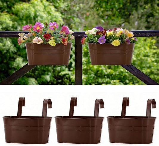 3 Pack Metal Railing Planters, 10.5" Oval Hanging Flower Pots with Detachable Hooks & Drainage Holes, Fits Rails up to 2.36", Galvanized Iron Fence Bucket for Balcony Garden Patio - Chocolate MeltsetM