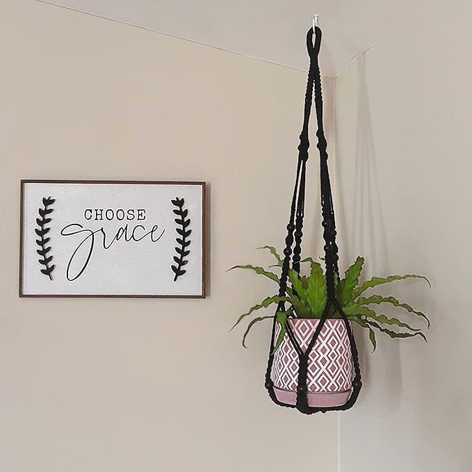 Mkono Macrame Plant Hanger Indoor Hanging Planter Basket with Wood Beads Decorative Flower Pot Holder No Tassels for Indoor Outdoor Boho Home Decor 35 Inch, Black, Set of 2 (POTS NOT Included) Mkono