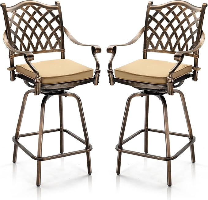 VINGLI Outdoor Swivel Bar Stools Set of 2, Cast Aluminum All-Weather Patio Bar Height Chairs, Patio Bar Dining Chairs Outdoor Swivel Patio Furniture (Grid Back) VINGLI