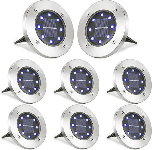LYHOPE Solar Ground Lights Outdoor, 8 Pack 8 LED Solar Disk Lights Waterproof Garden In-ground Pathway Light Landscape Lighting for Lawn,Yard,Deck,Patio,Walkway (Blue) LYHOPE