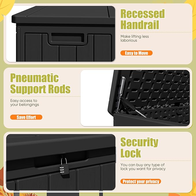 Devoko 90 Gallon Double-Wall Deck Box, Side Handles, HDPE Outdoor Large Storage Box Waterproof and Lockable for Patio Furniture, Garden, Pool (Black, 90 Gallon) DEVOKO