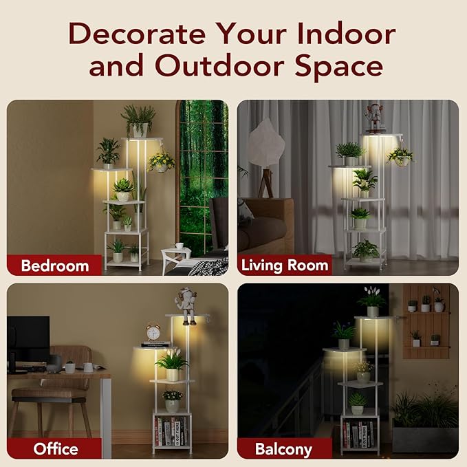 Plant Stand Indoor with Grow Light, 5-Tiered Tall Plant Stand Indoor, Metal Plant Shelf with Hanging Basket Hook and Adjustable Light, Ideal for Living Room, Garden, Patio white Homsorout