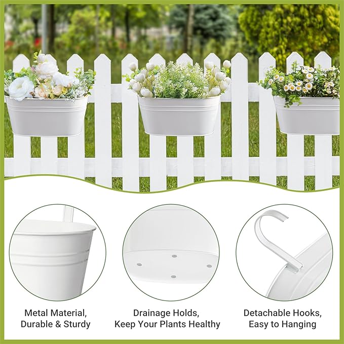 Dahey 10.5 Inch Metal Iron Hanging Flower Pots for Railing Fence Hanging Bucket Pots Countryside Style Window Flower Plant Holder with Detachable Hooks Home Decor,White,5 Pcs Dahey