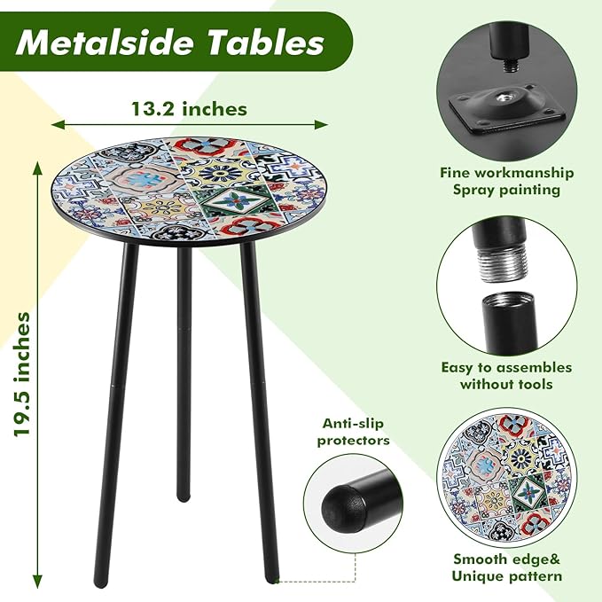 1 Pack Metal Outdoor Side Table Small Outside Round End Table for Patio Modern Accent Garden Corner Table for Small Spaces, Balcony, Porch, Weather-Resistant, Plant Stand Indoor, Mixed Mosaic PartyZealot