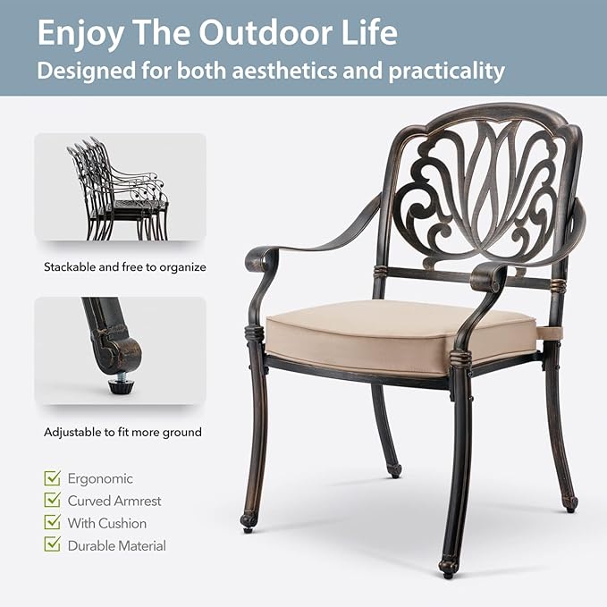 9-Piece Cast Aluminum Patio Furniture, Outdoor Dining Sets for 8 Include 87" Oval Patio Dining Table, 6 Stackable Chairs & 2 Swivel Chairs with Cushions & Umbrella Hole(Bronze) Rootora