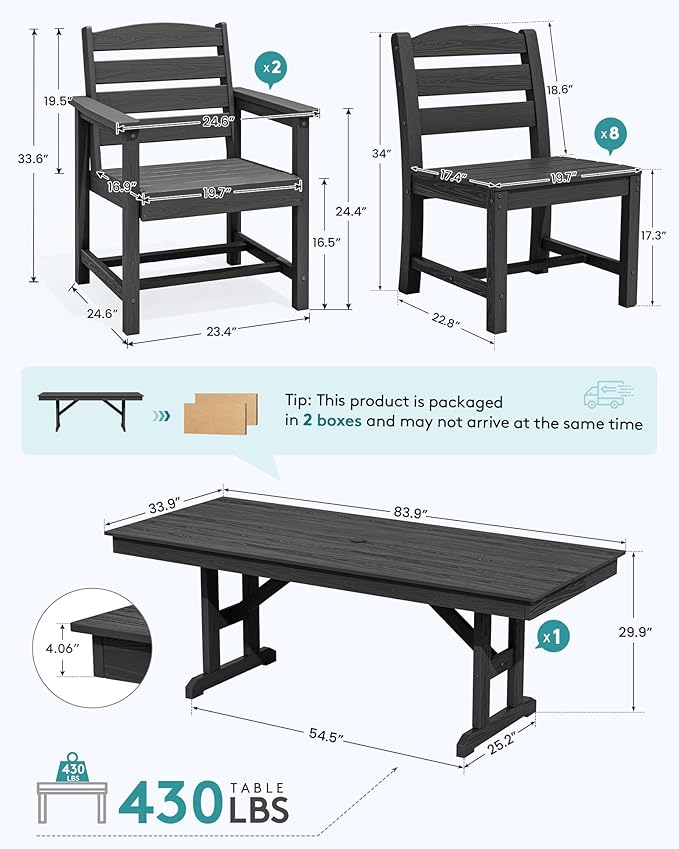 SERWALL 11 Piece Outdoor Dining Set, 84" HDPE Outdoor Table and Chairs for 10，All Weather Patio Furniture Set with Umbrella Hole for Backyard, Garden, Black SERWALL