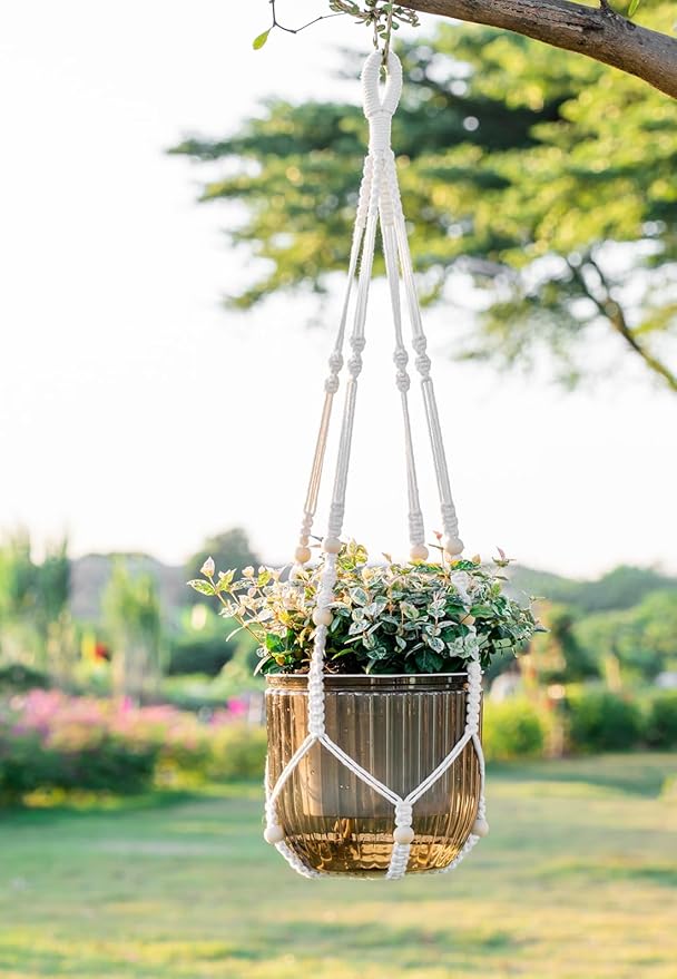 Melphoe Self Watering Hanging Planters for Indoor, 1 Pack 8.3 Inch Outdoor Hanging Plant Pot Basket, 2 Kinds of Plant Hangers Macrame 35.5’’ & Metal Chain 19.6’’ for Garden Home Decor Melphoe