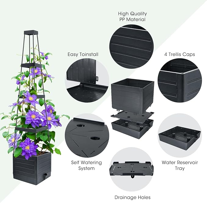 MQUPIN Tomato Planter Box with Trellis for Garden, 57 Inch Self-Watering Raised Garden Bed, Patio Tomato Cage for Climbing Vegetables & Flowers, Upgraded Tomato Pot for Indoor Outdoor Use (2 Pack) MQUPIN