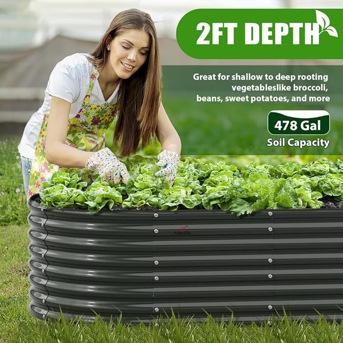 A ANLEOLIFE 8x4x2ft Galvanized Raised Garden Bed Kit, Oval Metal Deep Root Planters for Outdoor Plants Vegetables Flowers Herb, Large Bottomless, 478 Gallon Capacity- Quartz Grey AAnleolife