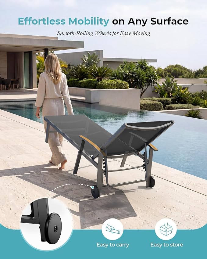 Ciokea Outdoor Lounge Chair with Pillow, 5-Position Aluminum Chaise Lounge with Wheels & Armrests, 400 lbs Heavy Duty Patio Pool Chair for Deck, Backyard, Beach & Poolside, Grey CIOKEA