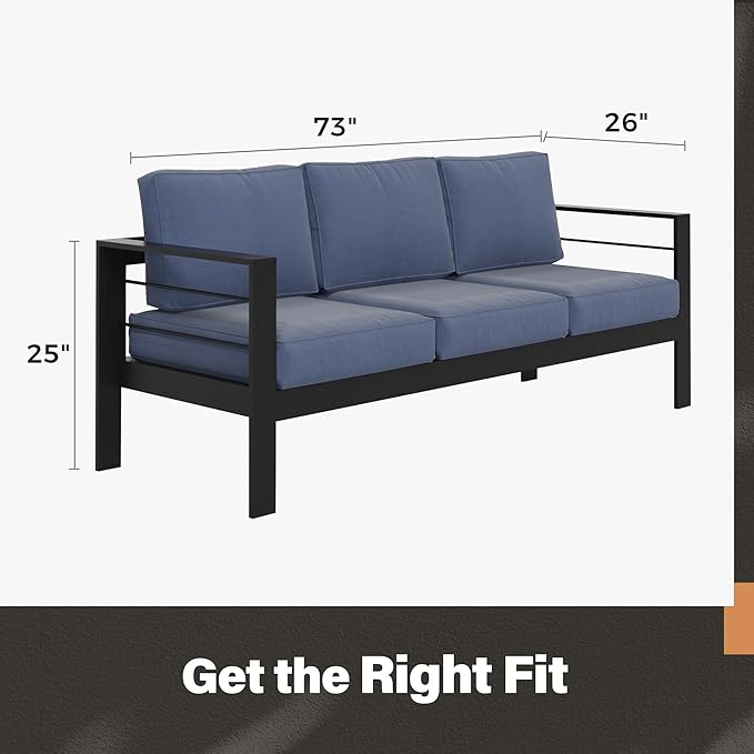 Solaste Aluminum Outdoor Couch, 3-Seat Metal Outdoor Sofa with Water-Resistant Cushion, Weather-Resistant Modern Patio Sofa, Black Frame Blue Cushion Solaste