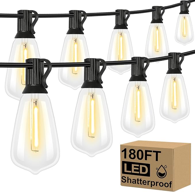 Brightever Outdoor String Lights 180FT, Patio Lights with 90+4 Dimmable ST38 Shatterproof LED Bulbs, Vintage Edison String Lights for Outside, Waterproof Bistro Lights for Halloween Backyard 2700K Brightever