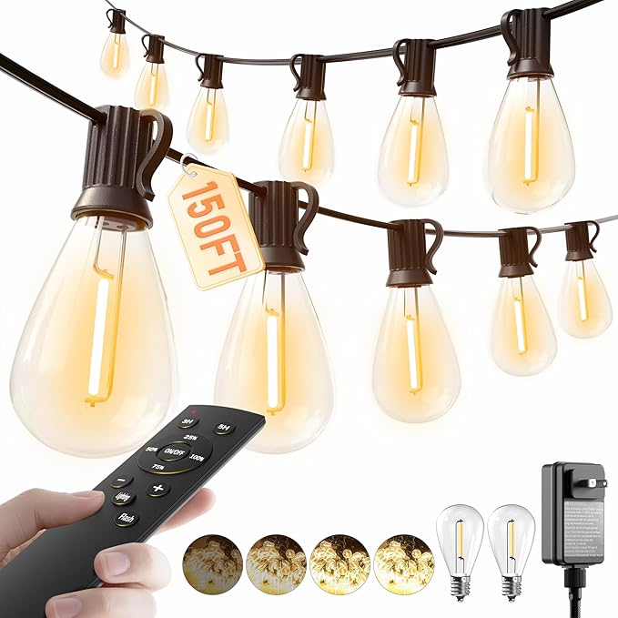luckystyle 150FT LED Outdoor String Lights with Remote, 55+2 Shatterproof Bulbs Waterproof and Dimmable Patio Lights for Porch, Garden, Backyard, Deck, Balcony, 2200K Hanging Lighting luckystyle