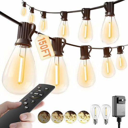 luckystyle 150FT LED Outdoor String Lights with Remote, 55+2 Shatterproof Bulbs Waterproof and Dimmable Patio Lights for Porch, Garden, Backyard, Deck, Balcony, 2200K Hanging Lighting luckystyle