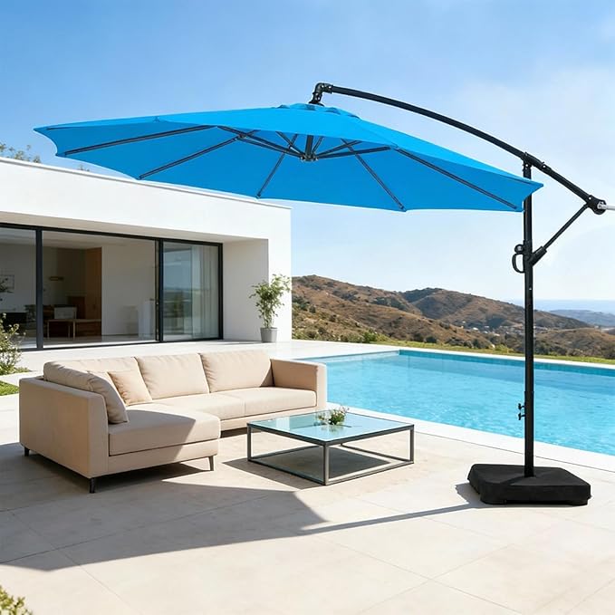 wikiwiki 10ft Patio Umbrella with Base Included, Outdoor Offset Cantilever Umbrella with Sandbag Base for Backyard, Garden and Pool, Easy to Tilt and Crank, Royal Blue WikiwikiPatioUmbrellas