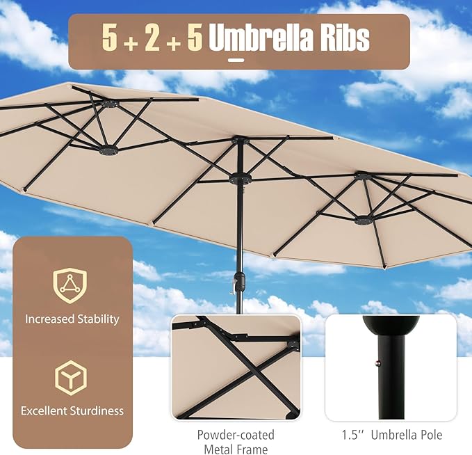 Tangkula 9 Piece Rattan Outdoor Dining Set with 13Ft Umbrella for 6, Outdoor Wicker Table Set with 6 Cushioned Armchairs, Acacia Wood Top, Outdoor Umbrella & with Base Included TANGKULA