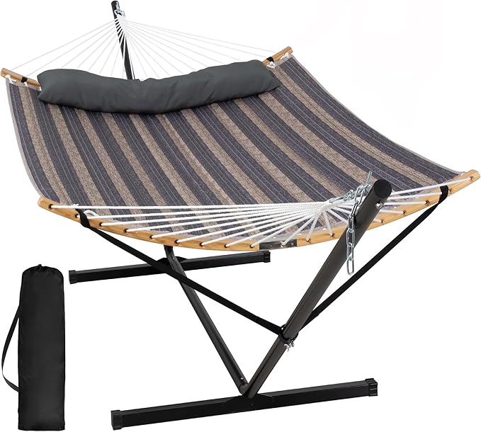 SUNCREAT Hammocks for Outside with Stand Included, Double Hammock with Curved Spreader Bar, Carrying Bag, Gray Stripes SUNCREAT