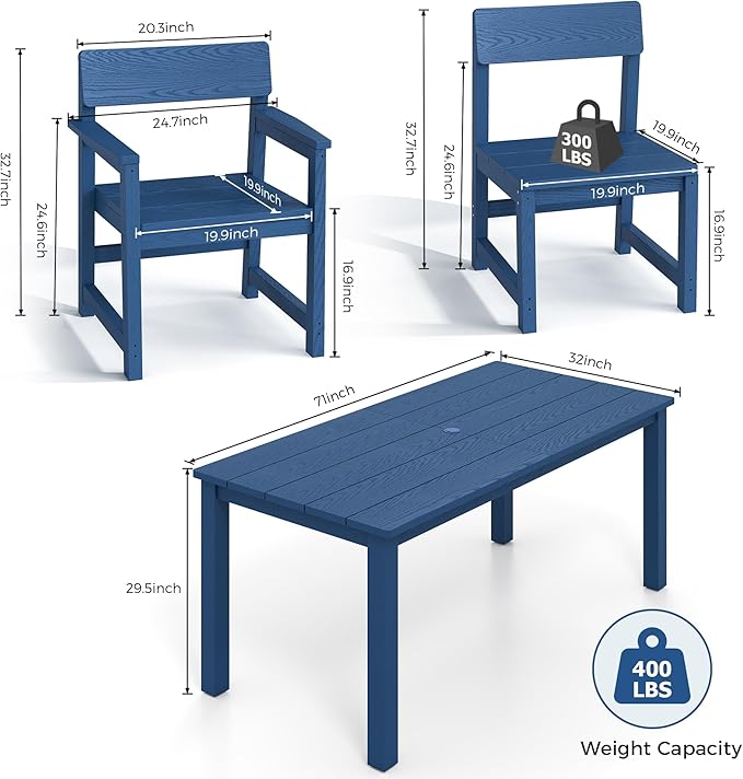 7 Piece Outdoor Dining Table Set HIPS Patio Dining Sets with Umbrella Hole Outdoor Furniture for 6 All Weather Patio Furniture Set for Outside Deck Backyard Poolside Garden, Deep Blue JOCOEVOL