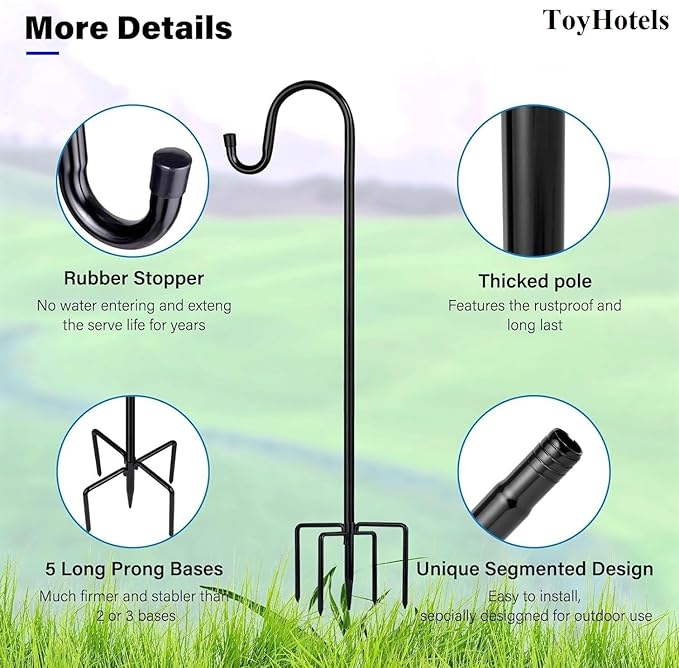 Shepherd Hooks for Outdoor, 1 Pack 62 Inch Bird Feeder Pole with 5 Prongs Base for Hanging Lantern, Hummingbird Feeder, Lightweight Plant, Shepherds Hook for Bird Feeders for Outside ToyHotels